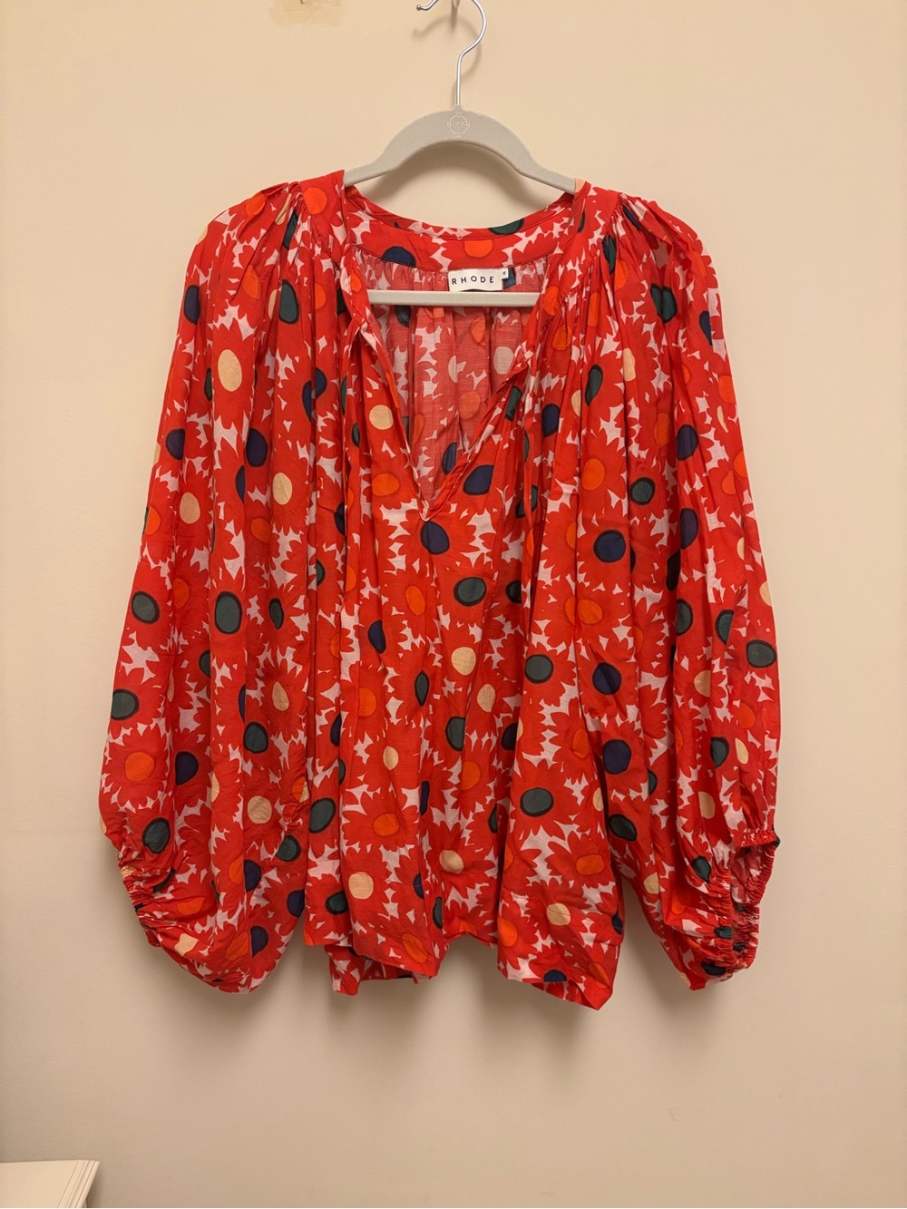 RHODE Red Floral Dot V-Neck Balloon Sleeve Blouse